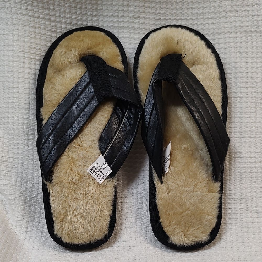 Black and Tan Fuzzy Sandals - SMALL - NEW